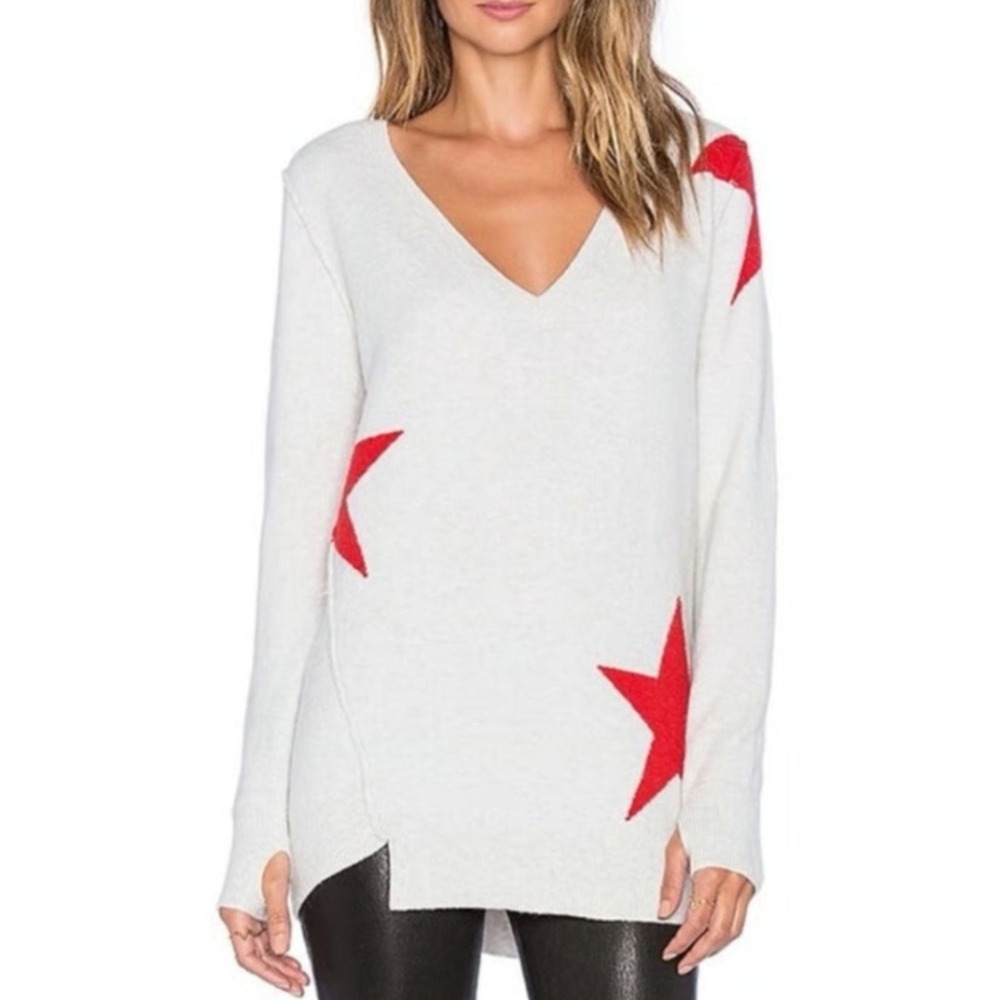 Pam & Gela Sweater Women P Gray Red Star Intarsia Wool Alpaca V-Neck Pullover